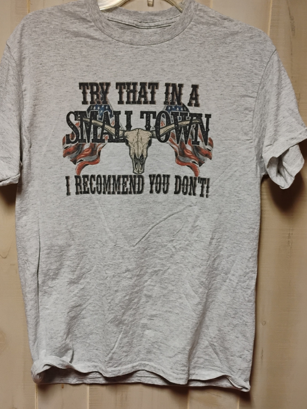 Gray Short Sleeve Graphic Tee with 'Try That In A Small Town' Print